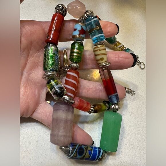 One of a Kind Handcrafted Murano Artisan VTG Glass Cylinder Beads Necklace 20” - Picture 4 of 5